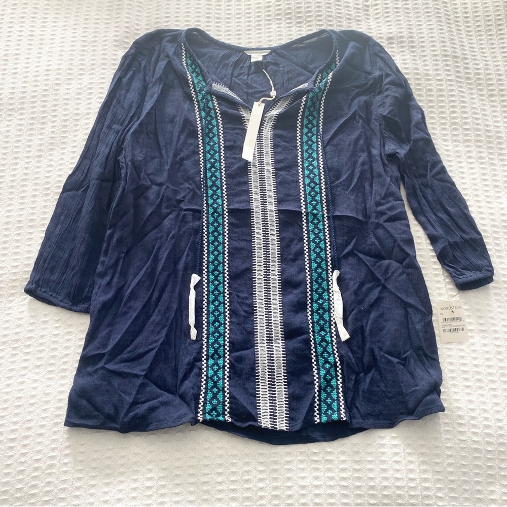 Caslon Nordstrom Navy and Teal Embroidered Top size XL NWT